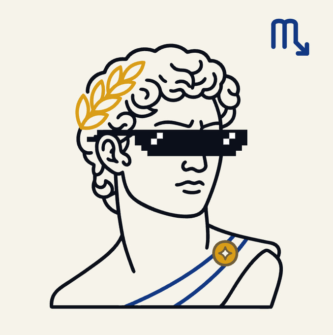 A stylized illustration of a classical bust adorned with a laurel wreath and pixelated 'deal with it' sunglasses, featuring a blue Scorpio zodiac symbol in the upper right corner.