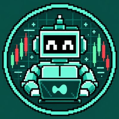 A circular pixel art logo featuring a teal robot with closed eyes working on a laptop, surrounded by candlestick trading chart graphics in green and red.