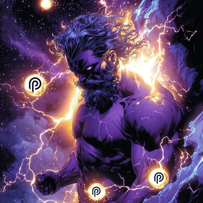 A digital illustration depicts a muscular, bearded figure with glowing eyes, surrounded by purple lightning and orbs containing a 'P' logo.