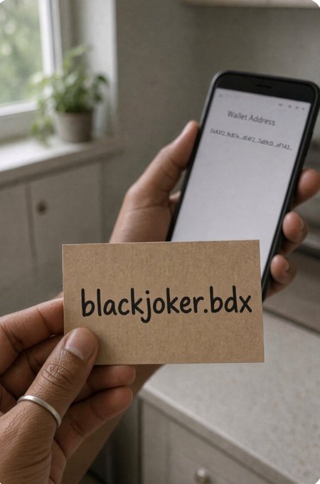 A person holds a kraft paper card displaying "blackjoker.bdx" in their left hand while their right hand holds a smartphone showing a "Wallet Address" screen with a blurred alphanumeric string, visually tying the memorable human-readable Beldex (BDX) name to its corresponding private on-chain wallet identity.