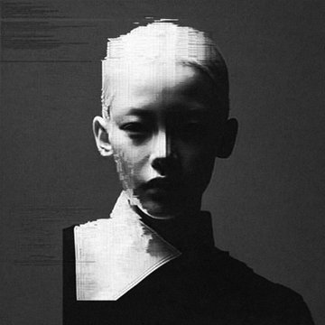 A black and white artistic portrait of a young person with a serious expression, featuring glitch-like digital distortion across their face and head.