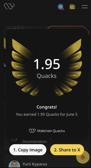 The image shows a phone screen with an app icon featuring a gold bird design. The text on the screen congratulates users for earning 1,95 Quacks over the weekend of June 5th. The app also provides instructions on how to share the document with others and a link to copy the image.