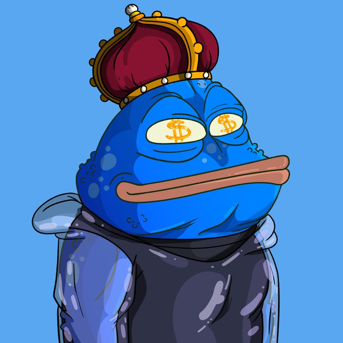 A cartoon illustration of a blue Pepe-style frog wearing a royal red and gold crown, with dollar signs ($) in place of its eyes.