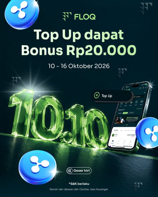 A promotional graphic for the FLOQ app advertising a 'Top Up dapat Bonus Rp20.000' promotion from 10-16 Oktober 2026.