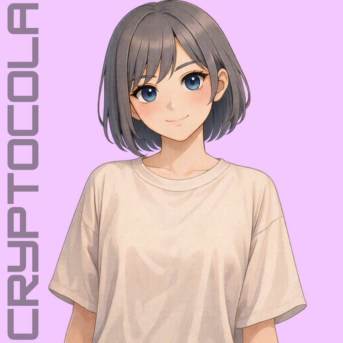 An anime-style illustration of a young woman with short gray hair, blue eyes, and a beige t-shirt against a lavender background, with "CRYPTOCOLE" written vertically on the left side.