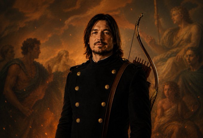 A stylized portrait of a man with dark hair and a beard, wearing a dark military-style jacket with gold buttons, holding a bow, set against a painted, classical-style background with figures and a fiery sky.