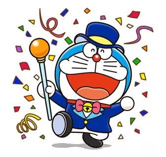 Illustration of Doraemon dressed in a blue tuxedo with a top hat and bow tie, holding a baton and performing amid falling confetti.