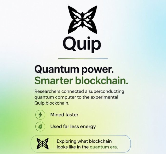 A promotional graphic for Quip blockchain, highlighting 'Quantum power. Smarter blockchain.' with claims of faster mining and less energy use.