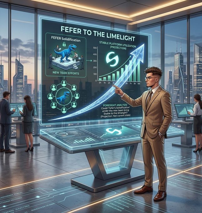 A businessman in a tan suit presents a glowing holographic dashboard titled "FEFER TO THE LIMELIGHT," featuring charts about "Fefer Solidification" and "Stable Platform Utilization" alongside a blue dinosaur mascot, as colleagues work at futuristic stations—visually illustrating how a meme coin ("Fefer") could potentially transition into a more stable, legitimate project for its team and community.