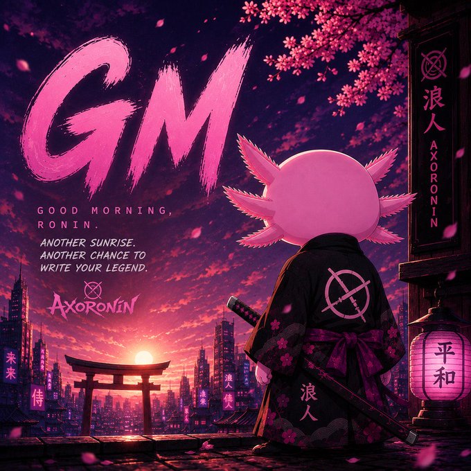 An anime-style image of a pink axolotl ronin gazing at a sunset cityscape, with 'GM GOOD MORNING, RONIN' and 'AXORONIN' branding.