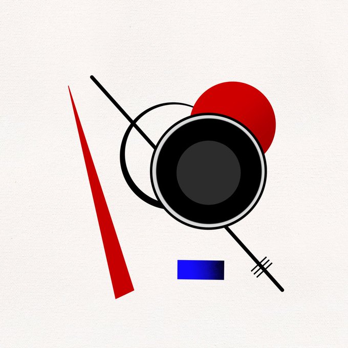 An abstract geometric composition features overlapping circles in black and red, a diagonal red triangle, a diagonal black line, and a small blue rectangle on a white textured background.