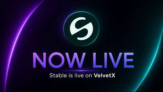A promotional graphic with neon purple and teal accents announcing 'NOW LIVE - Stable is live on VelvetX' with the platform's circular 'S' logo.
