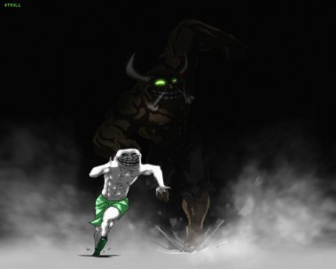 A digital illustration of a shirtless, muscular character running in terror from a large, dark, horned monster with glowing green eyes, labeled '#TROLL' in the corner.
