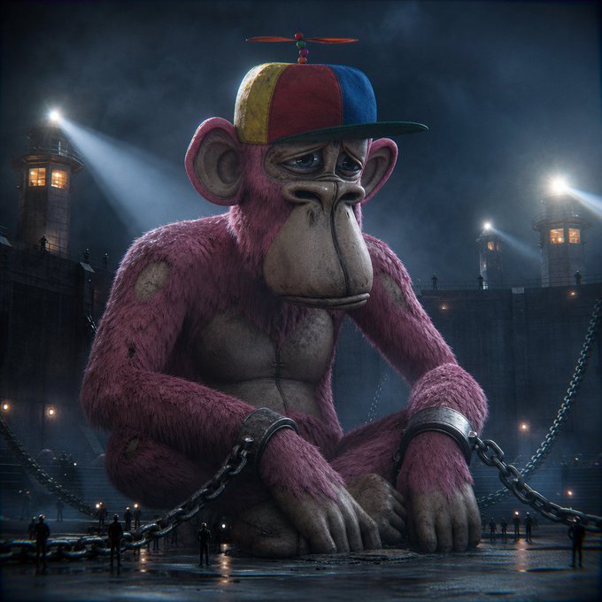 A dark, cinematic digital artwork depicting a giant, sad pink monkey wearing a colorful propeller cap, sitting chained in what appears to be a prison yard with spotlights shining in the background.