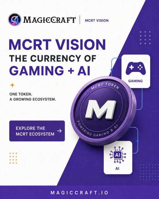 Marketing banner for 'MagicCraft MCRT Vision' promoting 'The Currency of Gaming + AI' with the MCRT token, featuring gaming and AI icons and the tagline 'One Token. A Growing Ecosystem' at magiccraft.io.