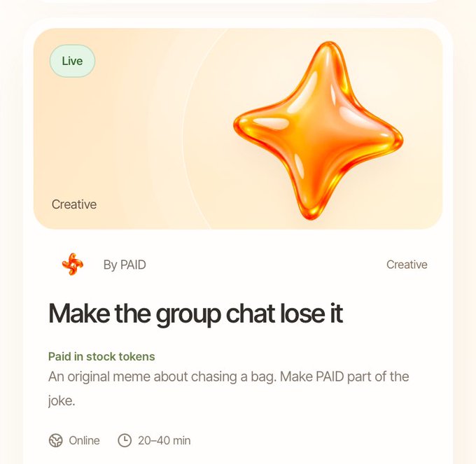 A glossy orange 3D star floats on a cream background in a job listing titled "Make the group chat lose it," paid in stock tokens via @usepaidfun, with the poster noting how enjoyable these meme creation bounties are because they combine creative work with earning tokens on Robinhood chain.