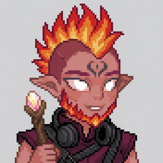 A pixel art portrait of a red-skinned humanoid character with a flame-shaped mohawk, pointed ears, white eyes, and a goatee, holding a staff with a pink gem.