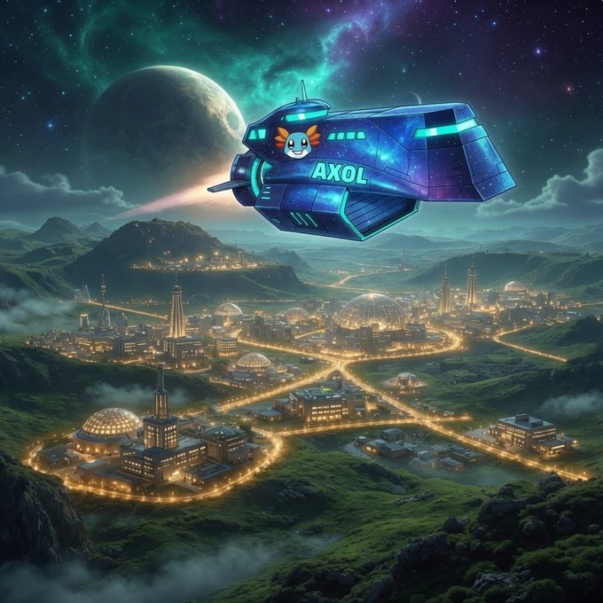 A vibrant digital illustration showing a blue spaceship labeled 'AXOL' with an axolotl mascot flying over a futuristic nighttime cityscape under a starry green nebula and large moon.