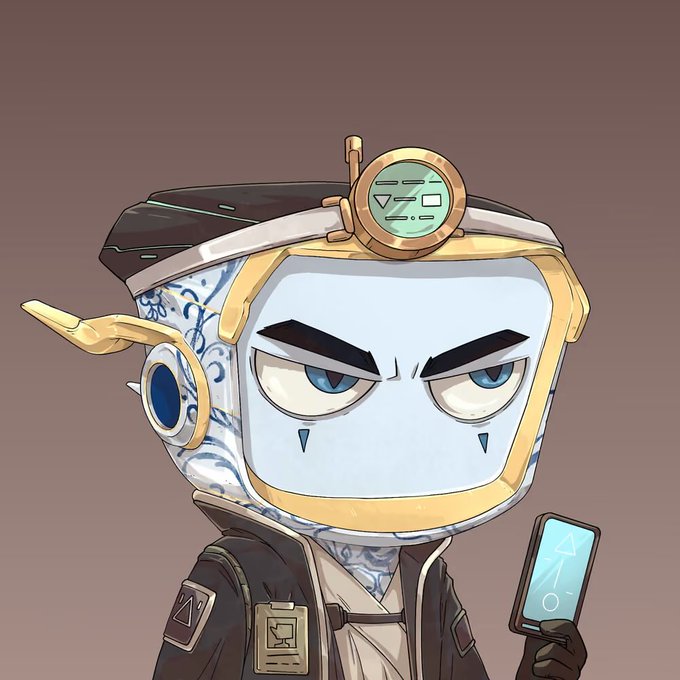 An anime-style illustration of a white robot with a stern expression, gold accents, and a graduation cap, holding a smartphone with a triangular logo.