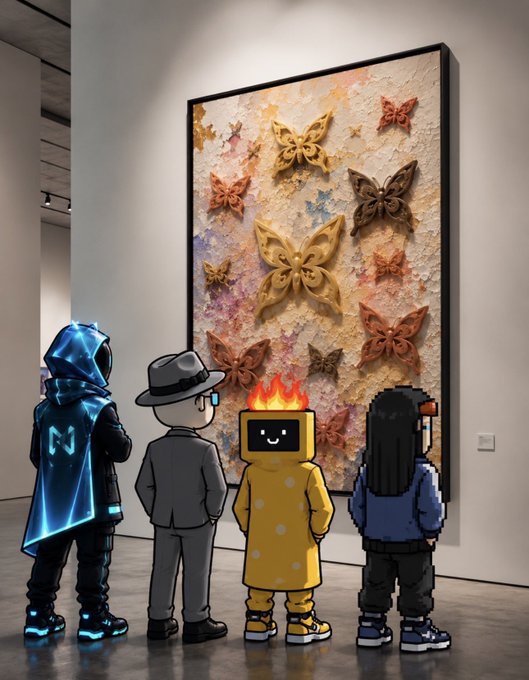 A digital artwork showing four cartoon-style characters (a glowing blue hooded figure, a man in a fedora, a character with a flame-topped TV head, and a person with long hair) viewing a large textured painting of butterflies in a gallery.