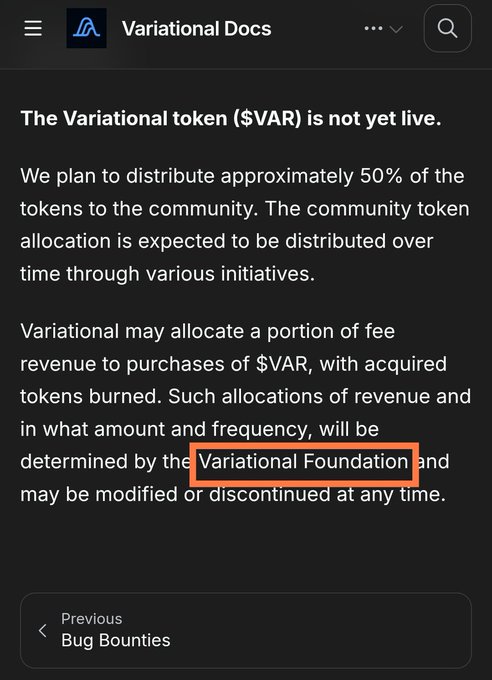 Variational Docs page explaining that the $VAR token is not yet live, with ~50% allocated to community, highlighting 'Variational Foundation' in an orange box.