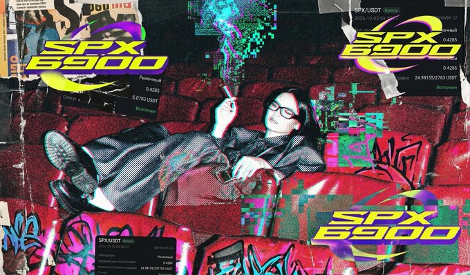 A retro-glitch aesthetic collage featuring repeated 'SPX 6900' text, a person lounging on a graffiti-covered red couch, and stock ticker graphics showing SPX/USDT at 0.4265.