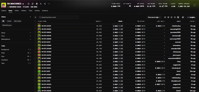 The image shows a portfolio interface on the RHMachines NFT marketplace, displaying a list of BH-BTC tokens with various entry prices around 0.0003-0.0004 WETH, and a current ETH value of 0.0862 (2,882 / 21.26). The user appears to be browsing their token holdings, which aligns with their post about sending the "Next C..." to the #RH #RHMACHINES platform.