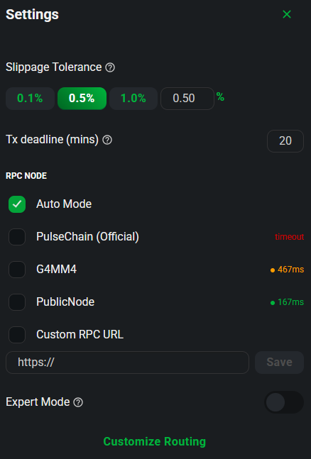 The image shows a PulseX settings panel displaying slippage tolerance options (0.5% selected), a transaction deadline set to 20 minutes, and an RPC Node selection menu featuring Auto Mode, PulseChain (Official), G4MM4, PublicNode, and Custom RPC URL. This directly illustrates the new v1.1.5 update features of RPC node auto failover and custom RPC support, with the customizable routing option highlighted at the bottom.