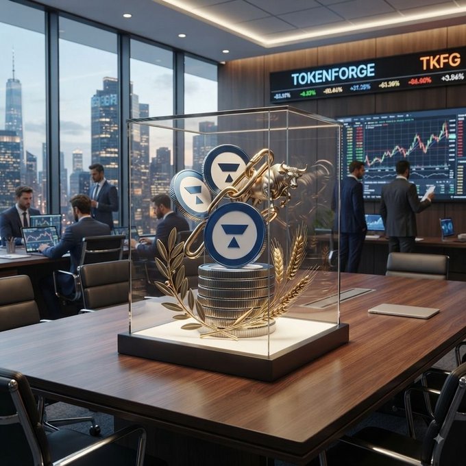 A glass display case containing stacked cryptocurrency coins with chain links and laurel branches sits on a conference room table, with a large screen in the background displaying 'TOKENFORGE' and 'TKFG' alongside stock-style percentage figures.