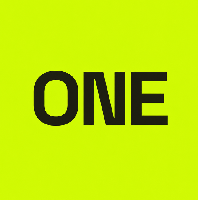A bright yellow-green square background with the word 'ONE' in large bold black letters in the center.