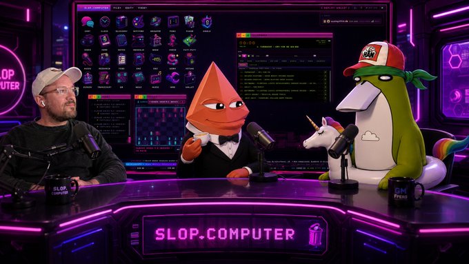 A man in a cap sits at a neon-lit "SLOP.COMPUTER" desk alongside cartoon characters—an orange triangle in a tuxedo and a green dinosaur unicorn wearing a "gm" cap—with a terminal displaying "@0xDeployer" code behind them, fitting the casual crypto greeting "gm @0xDeployer."