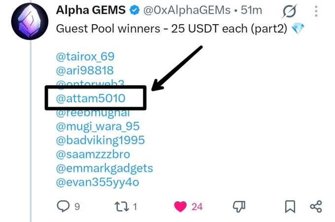 A tweet from Alpha GEMS (@0xAlphaGEMs) announcing Guest Pool winners of 25 USDT each (part 2), with an arrow highlighting @attam5010.