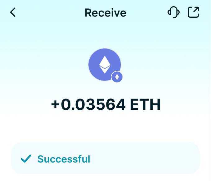 A crypto wallet app screen titled "Receive" showing a successful transaction of +0.03564 ETH alongside the Ethereum logo.