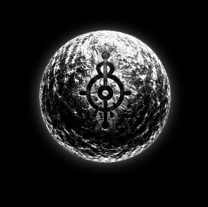 The image features a large, round black and white planet with a unique symbol at its center. The symbol consists of a circle surrounded by four lines, which are connected to a cross shape. This design creates an interesting visual effect that draws attention to the central figure. The background is dark, making the contrast between the planet's color and the black and white image even more striking. The post appears to be about a pump or a pump-related product, as indicated by the text "our links: Meteora meteora.ag/dlmm/Ek9mxU2q6 ... DEX dexscreener.com/solana/hjug4iz ... TG t.me/SIGNALINTERCEPT WEB signalintercept.one $SIGNALINT #PumpFun".