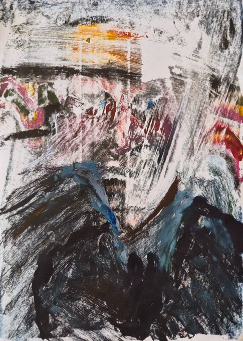 An abstract expressionist painting created with heavy black, white, blue, red, and yellow brushstrokes and scraping techniques.