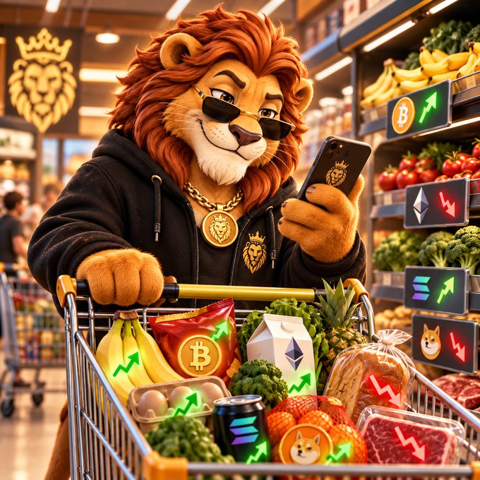 An AI-generated illustration of a lion wearing sunglasses and a hoodie with gold chains, pushing a shopping cart filled with groceries overlaid with cryptocurrency symbols like Bitcoin and Ethereum.