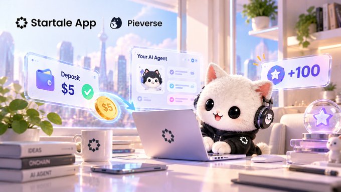 A promotional image for "Startale App" and "Pieverse" featuring a cute white cat character using a laptop, with graphics showing a "$5 Deposit" and "+100" points.