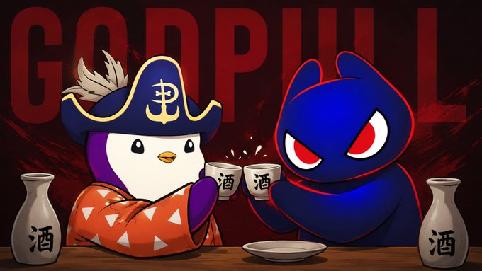 A cartoon penguin dressed in a pirate captain's outfit and a dark blue cat-like character clink sake cups together over a bar, with the text "酒" (sake) on the cups and bottles, and "GODPULL" displayed in bold red letters across the background — promoting a stylized NFT art collection drop scheduled for 27 July.