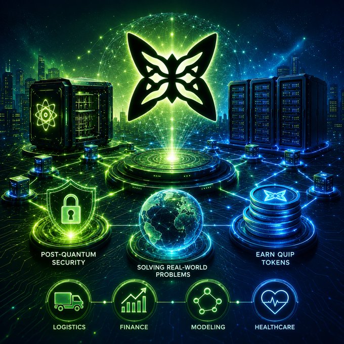 The image features an illustration of a butterfly-shaped logo surrounded by various symbols representing different aspects of technology and innovation, such as a computer, a globe, and a truck. The butterfly symbolizes transformation and growth, while the other symbols represent different fields like computing, finance, healthcare, and transportation. The post mentions that it is related to @quipnetwork because it is a shared quantum computer on the blockchain that can be used for solving real-world problems with real-world power.

The image also includes text that reads "Good night I am a bit extra excited about @quipnetwork Because it is a shared quantum computer on the blockchain that anyone can use It solves tough, real world problems with real quantum power Adds impenetrable post quantum security to wallets and allows you to earn". This suggests that the image promotes the idea of using this innovative technology for solving complex problems in various fields.