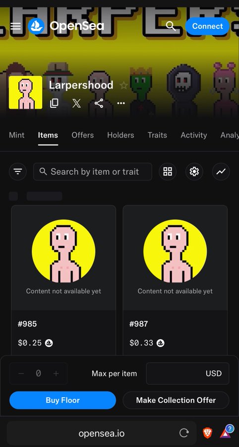 An OpenSea mobile webpage displaying the 'Larpershood' NFT collection, showing two pixelated avatar items (#985 for $0.25 and #987 for $0.33) with options to buy at floor or make a collection offer.