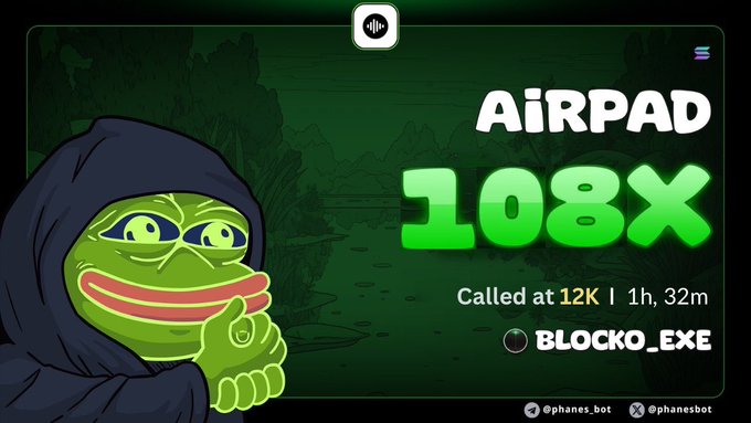 A digital graphic featuring a Pepe the Frog character in a hood next to the text 'AIRPAD 108X Called at 12K | 1h, 32m' with the handle @BLOCKO_EXE.