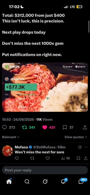 Duplicate of the previous Twitter/X post showing the JEANPHIL token gain screenshot and promotional copy about a $312,000 profit.