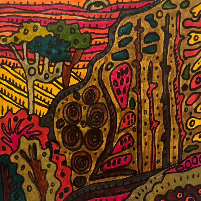 A vibrant, abstract illustration featuring bold patterns in gold, red, green, and pink with intricate linework and organic shapes.