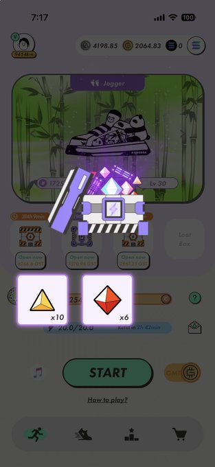 A mobile game screen showing a 'Jogger' sneaker character with two loot boxes opened, displaying rewards of 10 yellow gems and 6 red gems, with a 'START' button below.
