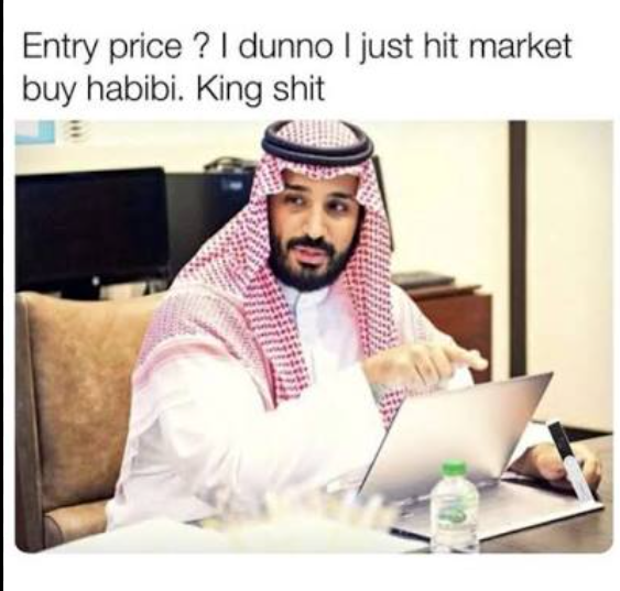 A man in traditional Saudi attire confidently points at his laptop in a meme captioned "Entry price? I dunno I just hit market buy habibi. King shit," reflecting the bold, all-in trading mentality of the 2017-2021 crypto bull run era referenced in the post.