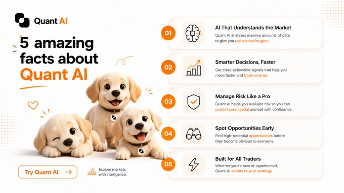 An infographic titled '5 amazing facts about Quant AI' featuring three cartoon puppies, listing points such as 'AI That Understands the Market,' 'Smarter Decisions, Faster,' 'Manage Risk Like a Pro,' 'Spot Opportunities Early,' and 'Built for All Traders,' with a 'Try Quant AI' button.