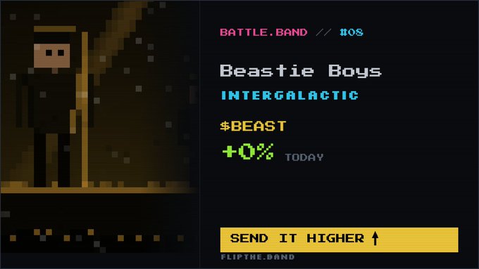 A pixel art trading interface for Beastie Boys with the ticker '$BEAST' at +0% today, labeled 'BATTLE.BAND // #08' and featuring a 'SEND IT HIGHER' button.