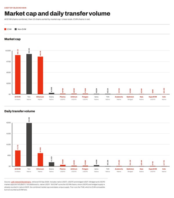 An article chart titled 'Market cap and daily transfer volume' comparing EVM and Non-EVM blockchain chains, with Tron at $90.4B and Ethereum at $86.9B leading market caps, while Tron dominates daily transfer volume at $19.6B.