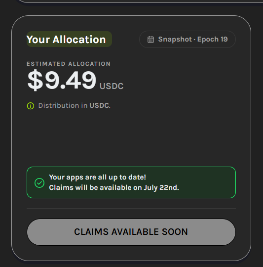 A screenshot showing a "Your Allocation" dashboard displaying an estimated **$9.49 USDC** from "Snapshot · Epoch 19," with a message that apps are up to date and claims will be available on July 22nd, though the "CLAIMS AVAILABLE SOON" button is grayed out—humorously undercutting the poster's excitement about "life changing money" from running the $GRASS node.