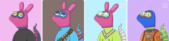 Four pink cartoon frog/dinosaur-like characters with different outfits (black sweater, blue shirt with bandolier, green shirt, orange jumpsuit) are displayed against varying pastel backgrounds.